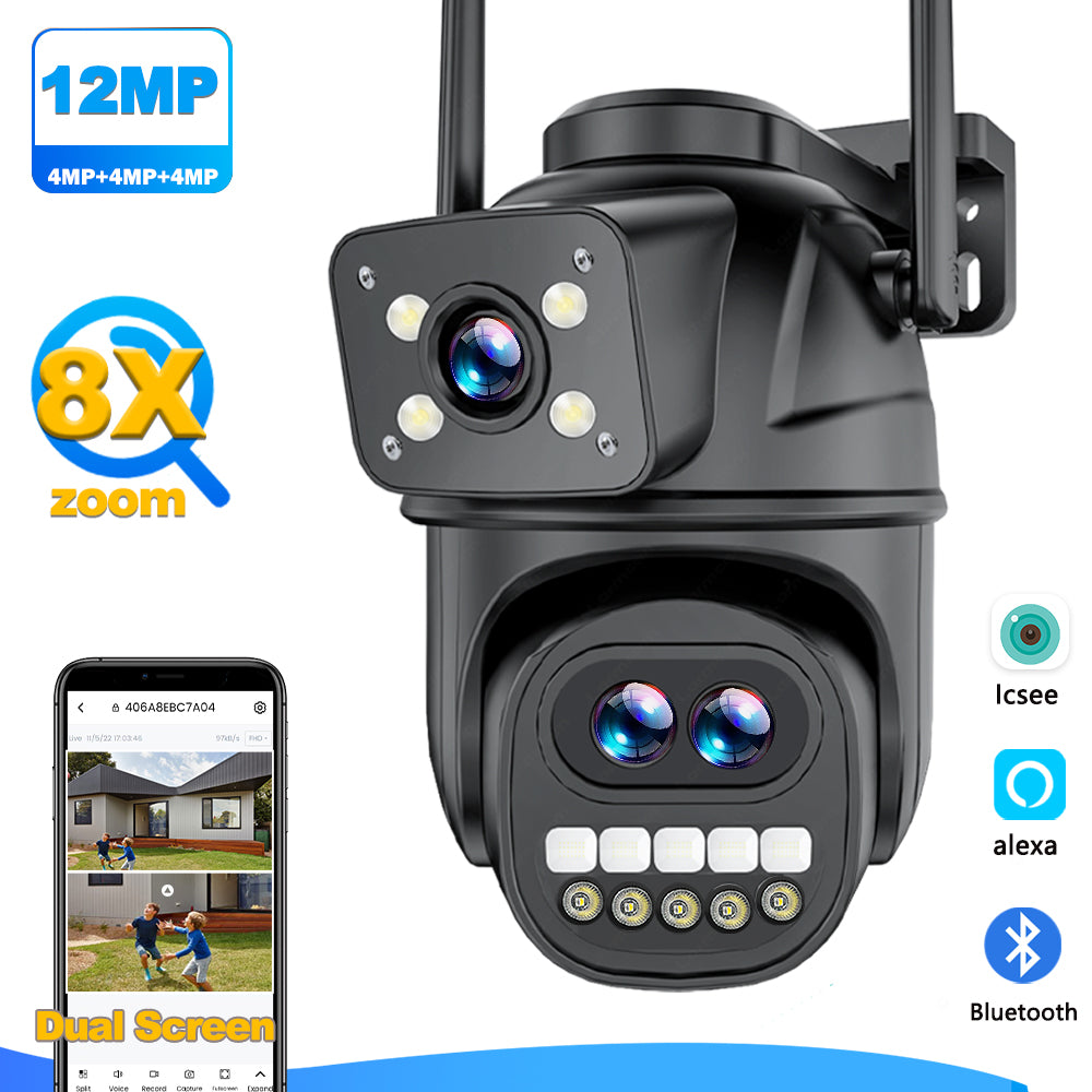 12MP 6K HD 8x Zoom Three Lens Outdoor Security Camera